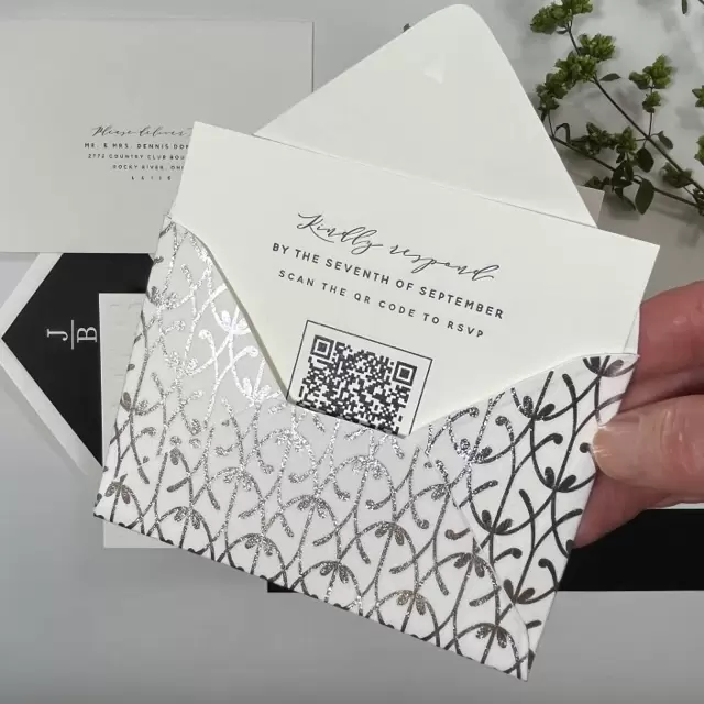 Metallic silver fabric response envelope. Response card with qr code.