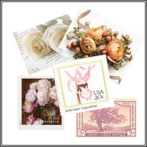 Various postage stamps for wedding invitations.